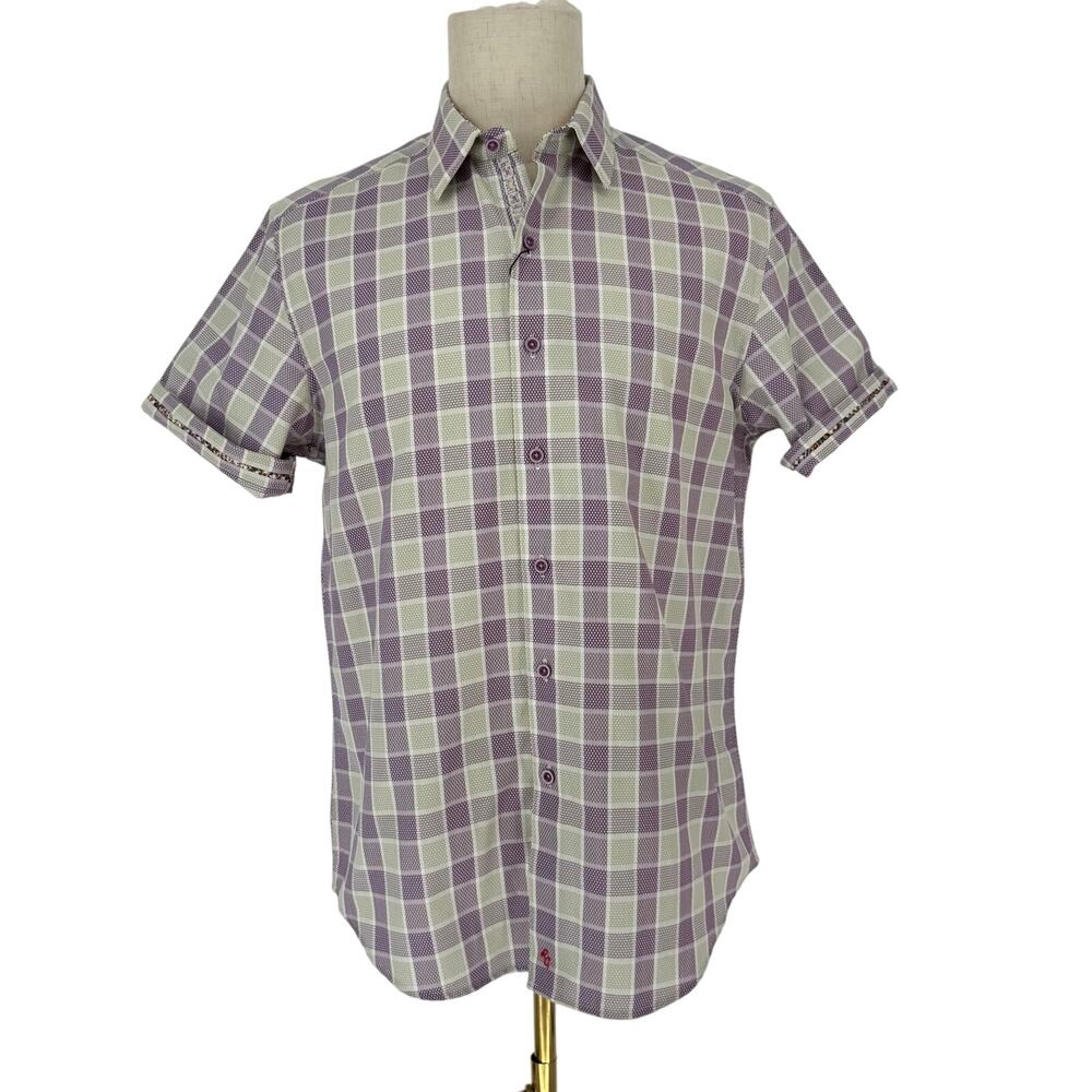 Robert Graham Button Front Short Sleeve Shirt TORAJA Purple Yellow Geometric M
